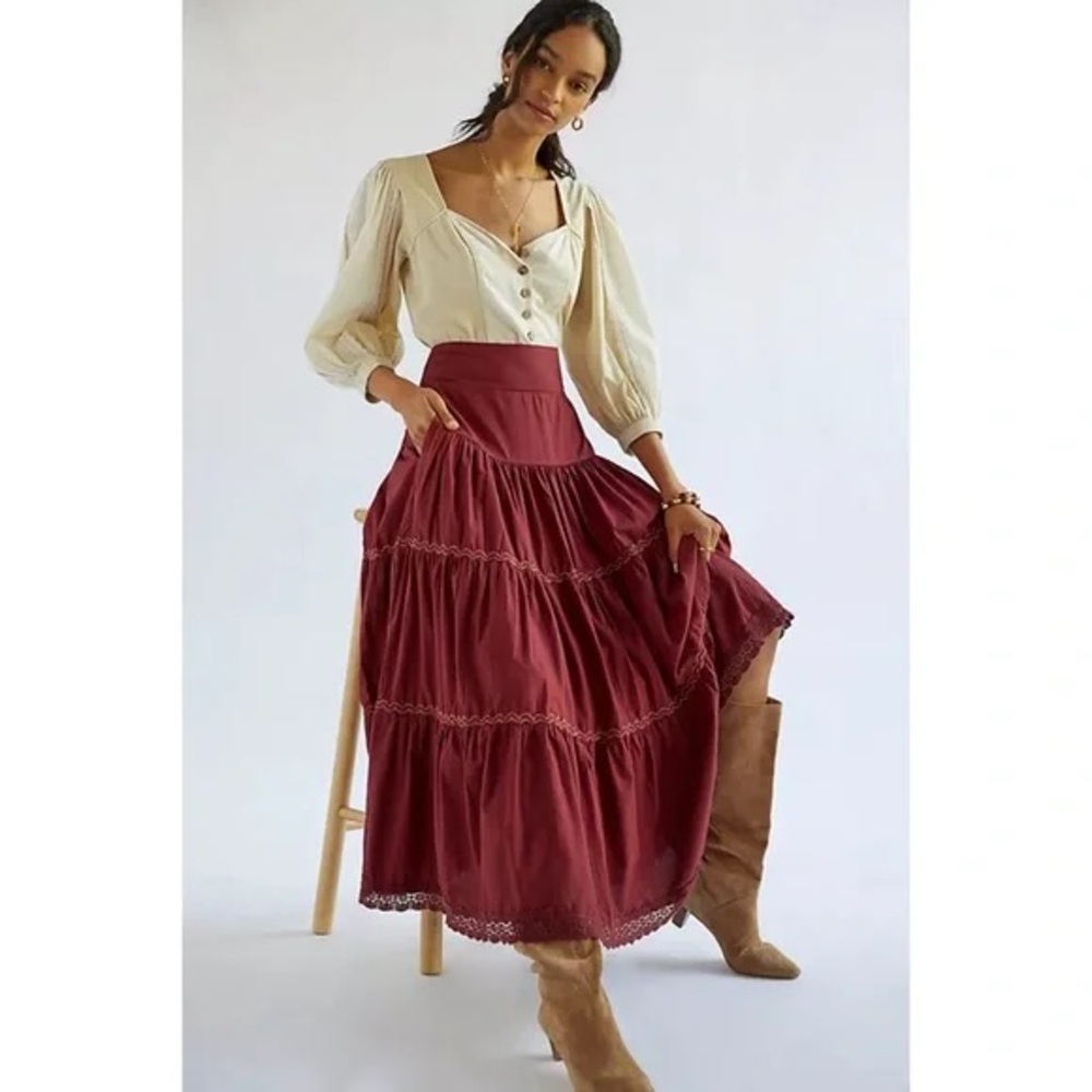 Anthropologie Tiered Prairie Maxi Skirt Burgundy Lace Trim Pockets Size S